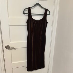 Commense Brown Velvet Sheath Midi Dress Sleeveless Scoop Neck